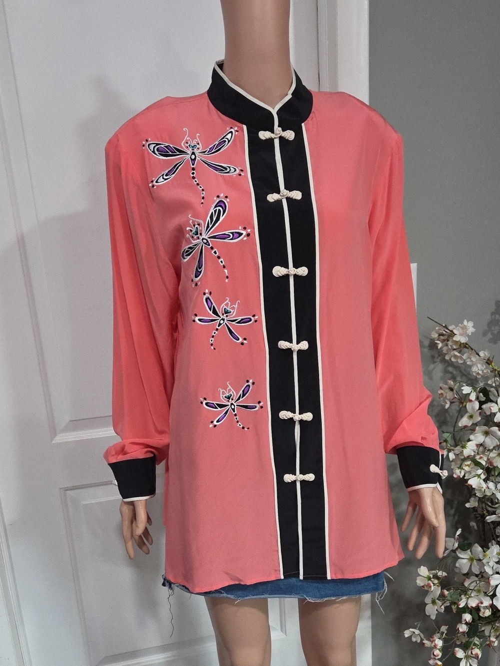 Coral Dragonfly Embroidered Mandarin Collar Blouse